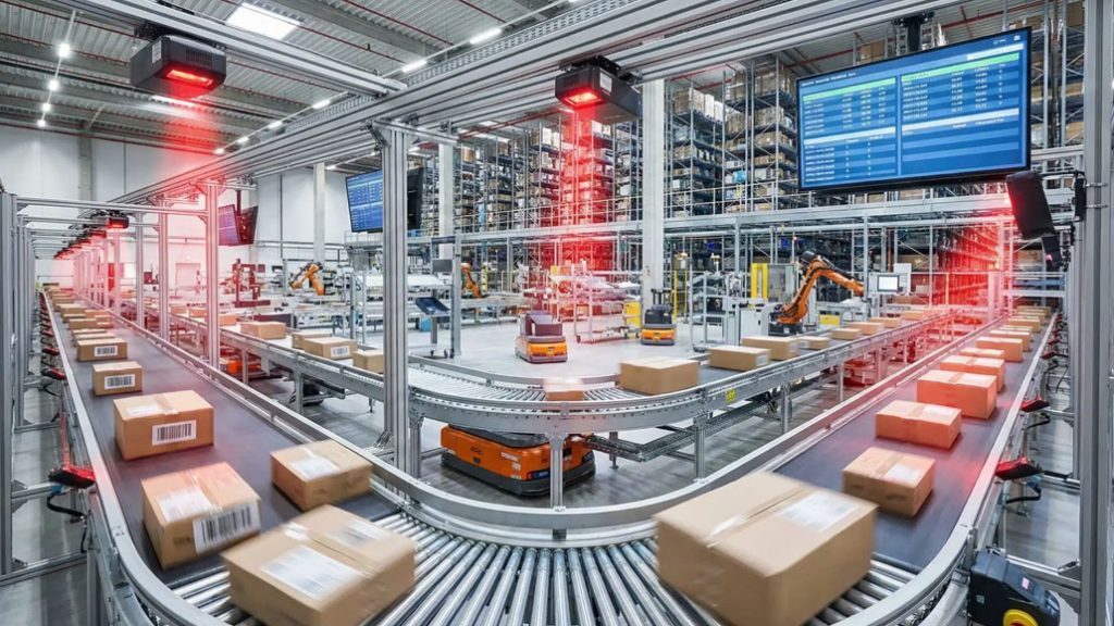 Automated warehouse with conveyor belts and robots moving packages for inventory management.