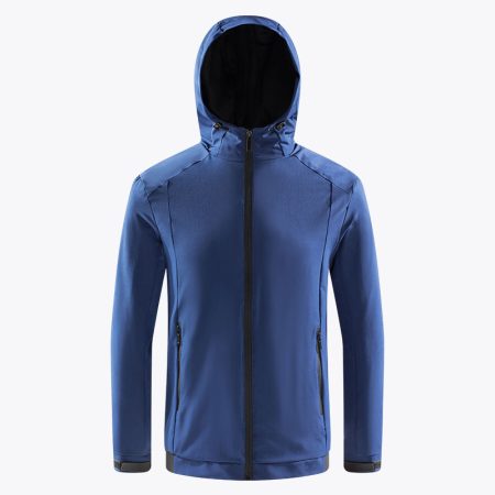 Front view of sapphire-blue men's thin hiking jacket with hood and zip closure.