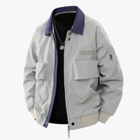 Simmerui color block retro bomber jacket for men front view in Silvery-grey-green
