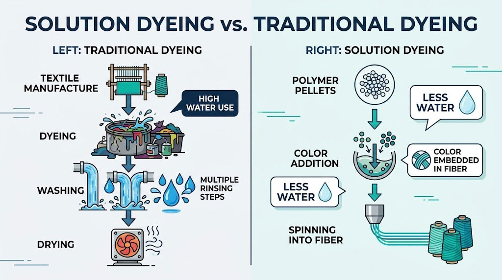 Flowchart illustrating solution dyeing vs. traditional dyeing process from fiber to finished fabric.