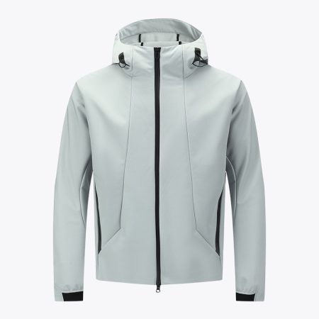 Front view of Simmerui mens lightweight softshell jacket in sophisticated gray with full zipper and high collar.