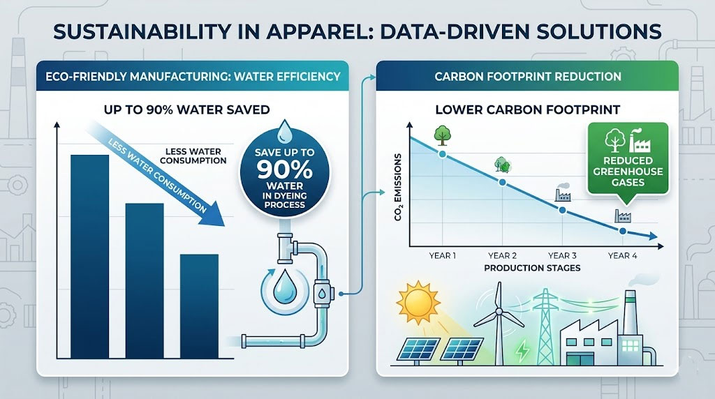 Infographic showing sustainability benefits of optimized dyeing: water savings, reduced CO₂ emissions, and eco-friendly production.