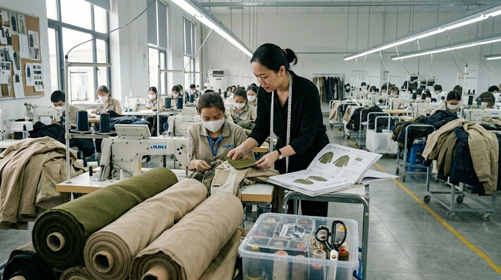 Production floor overview showing sewing stations and staff.