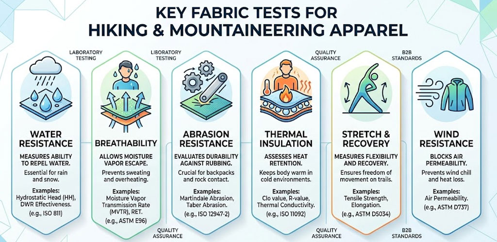 Key fabric tests infographic for hiking and mountaineering apparel including water resistance breathability abrasion insulation stretch and wind resistance