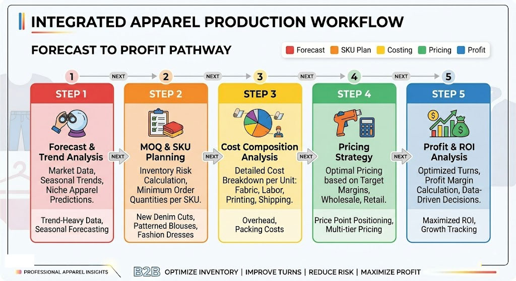 Integrated apparel production workflow infographic from forecast and MOQ planning to pricing profit and ROI analysis