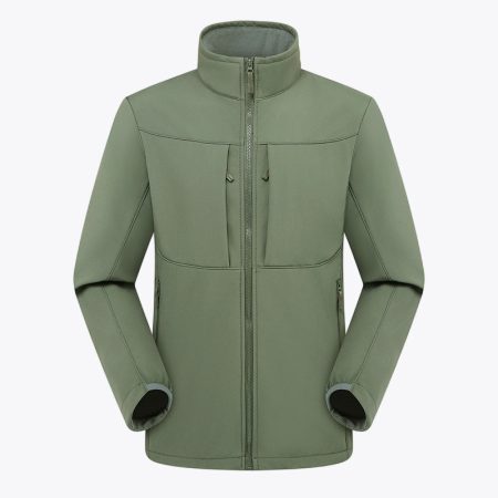 Front view of army green plus size softshell windbreaker jacket with full zipper and high collar.
