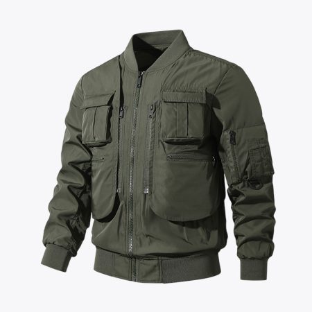 Front view of Simmerui Men’s Safari Bomber Jacket in army-green with zip closure and collar.