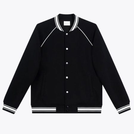 Simmerui raglan baseball varsity jacket in black with striped ribbed collar and hem
