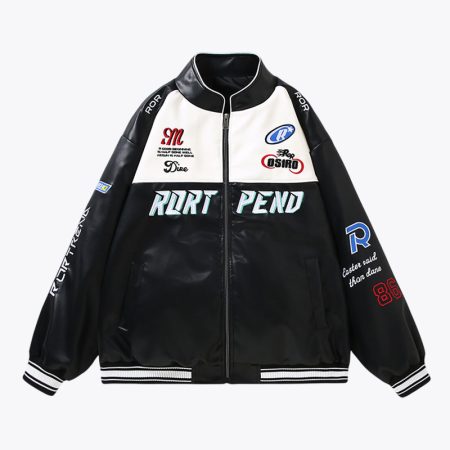 Front view of black oversized bomber jacket with embroidered logos on chest and sleeves