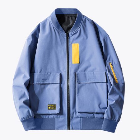 Simmerui hip hop Harajuku bomber jacket for men in blue with utility flap pockets and zip sleeve pockets