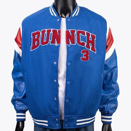 Simmerui vintage letter embroidery varsity jacket in blue front view