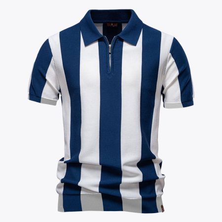 Simmerui men's striped knitted polo shirt front view navy white stripes