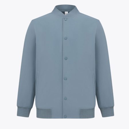 Front view of blue mens solid color stretch baseball jacket with snap closure and ribbed cuffs