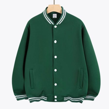 Front view of a dark-green blank varsity baseball jacket with black striped cuffs and hem on a hanger