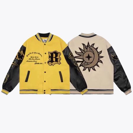 Front and back views of Harajuku varsity baseball jackets in yellow and beige color options