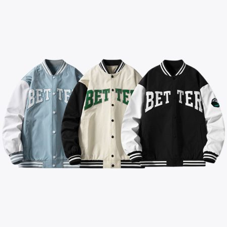 Three color options of Simmerui embroidery letterman patchwork baseball jackets