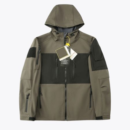 Mens tactical soft shell jacket in gray with black accents, front view on hanger