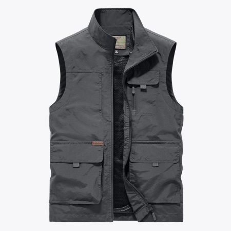 Front view of mens high collar sleeveless tactical vest in gray