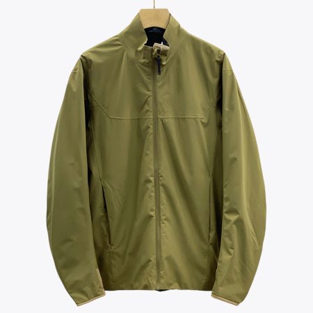 Men’s khaki soft shell jacket with hood, full zip, and adjustable cuffs displayed on hanger