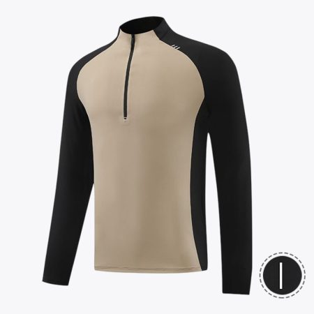 Simmerui men's quick-dry half zip gym T-shirt in khaki front view