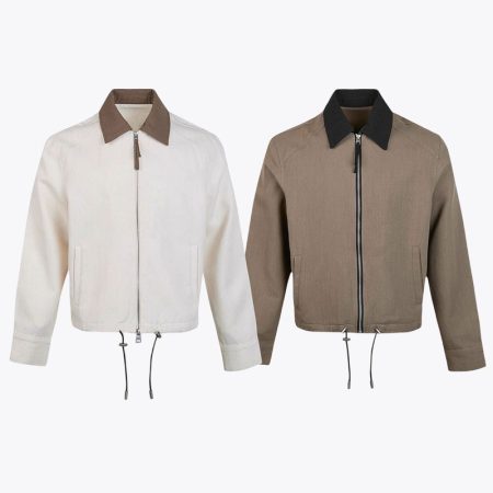 Simmerui men's contrast collar zip-up jacket in cream and coffee brown