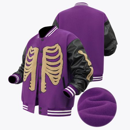 Simmerui skeleton graphic varsity jacket detail collage with embroidered bone pattern, soft fabric texture, and back view