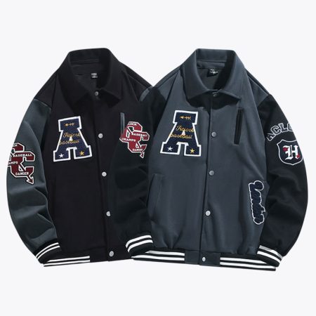 Two color options of Simmerui embroidered collared baseball jacket with contrast sleeves and patches