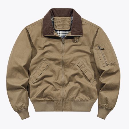Simmerui Men’s Cotton Bomber Jacket camel color front view with collar and zipper
