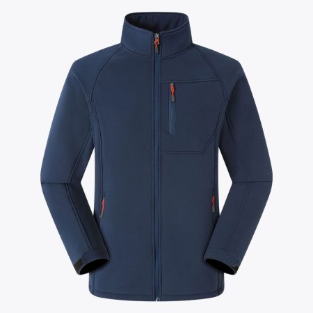 Close-up of navy composite fleece softshell jacket with front zipper and high collar.