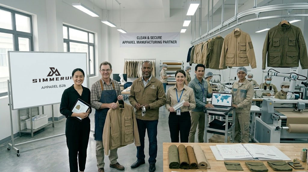 Apparel production team group photo in factory.