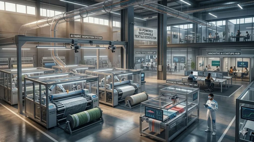AI-powered textile manufacturing factory with fabric testing and automated quality inspection lines.