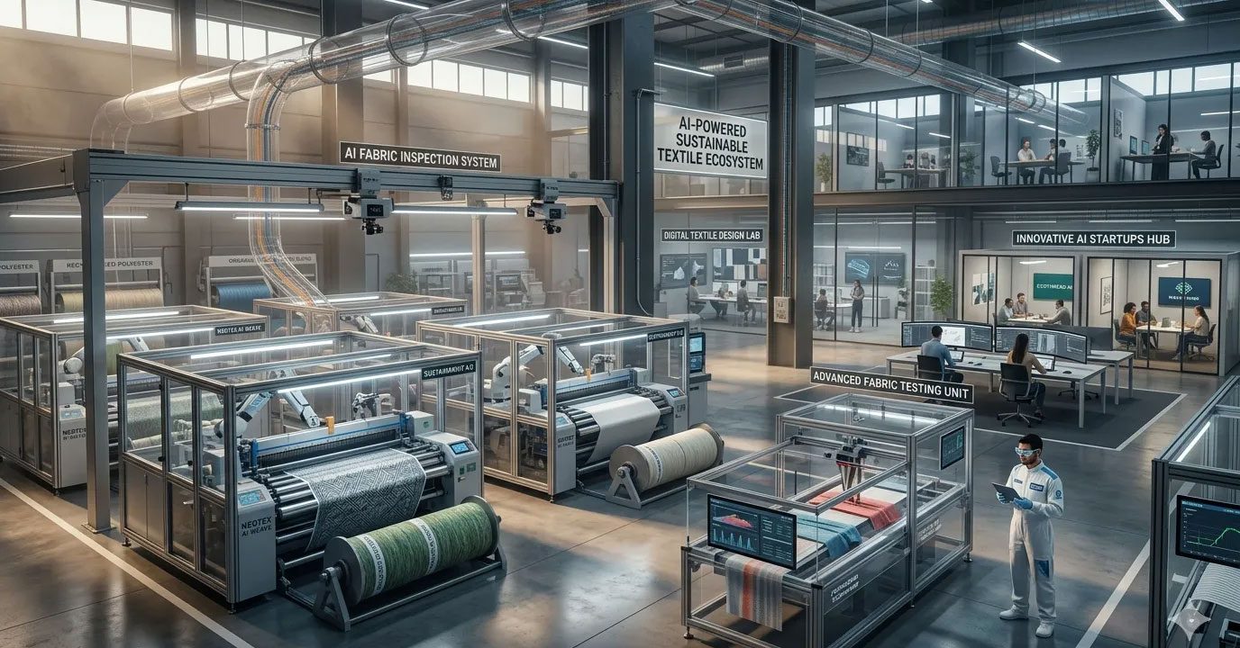AI-powered textile manufacturing factory with fabric testing and automated quality inspection lines.