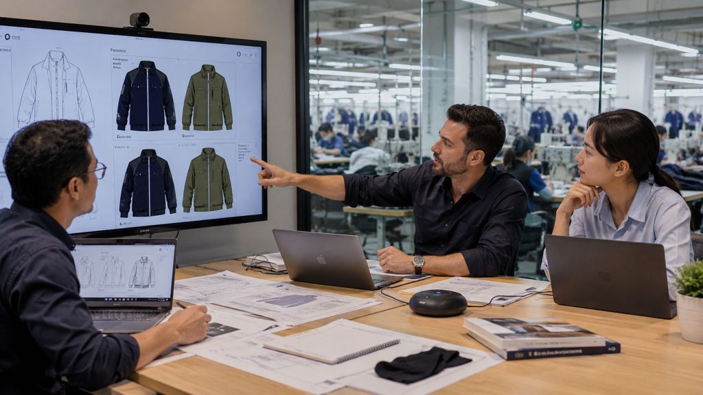 B2B apparel brand and OEM factory team reviewing jacket designs