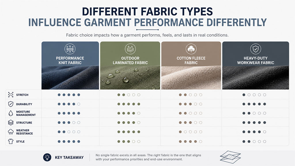 A comparative infographic titled "Different Fabric Types Influence Garment Performance Differently" that illustrates how various materials perform across key metrics. The chart displays four fabric categories—Performance Knit, Outdoor Laminated, Cotton Fleece, and Heavy-Duty Workwear—and uses a dot-rating system to evaluate them based on stretch, durability, moisture management, structure, weather resistance, and style. The graphic concludes with a "Key Takeaway" emphasizing that no single fabric is superior in all categories and that the best choice depends on performance priorities and the intended end-use environment.