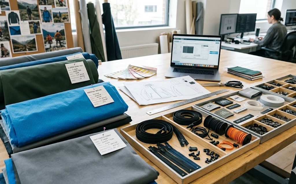 A professional sourcing table organized with various rolls of performance fabrics, including ripstop and GORE-TEX, alongside trays containing labeled garment components like zippers, adjustable cords, and custom woven patches, serving as a visual representation of material preparation for OEM manufacturing.