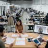 A wide, high-angle view of a modern professional apparel design and development workspace. In the foreground, a team sits at a large table reviewing tech packs, fabric swatches, and digital designs on a computer monitor, while the background showcases a bustling factory floor with rows of sewing machines and workers assembling garments, illustrating the full product development process.