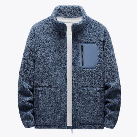 A front-facing view of the Simmerui men’s thickened fleece jacket in hazy-blue, featuring a stand-up collar, full-zip closure, and a contrasting zippered chest pocket