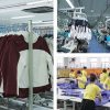 A collage of images showcasing the manufacturing and quality control phases of custom apparel production. The images include a close-up of a worker holding a color-matching fabric swatch grid against a documentation sheet, a view of rows of finished jackets hanging on racks in a factory, and scenes of garment factory employees engaged in sewing, quality inspection, and pattern cutting on the factory floor, representing the hands-on process of developing high-quality apparel for B2B clients.