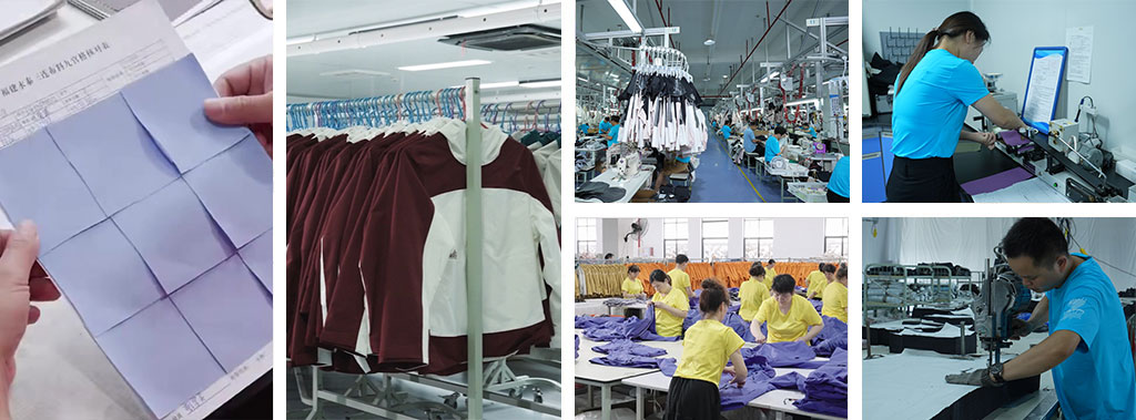 A collage of images showcasing the manufacturing and quality control phases of custom apparel production. The images include a close-up of a worker holding a color-matching fabric swatch grid against a documentation sheet, a view of rows of finished jackets hanging on racks in a factory, and scenes of garment factory employees engaged in sewing, quality inspection, and pattern cutting on the factory floor, representing the hands-on process of developing high-quality apparel for B2B clients.