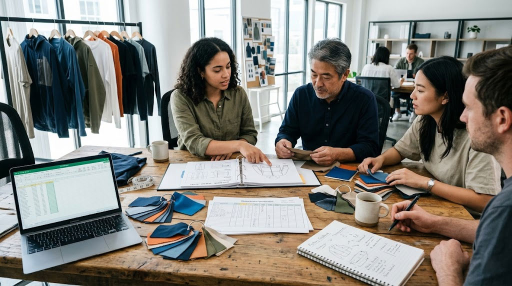 A four-person B2B collaboration meeting inside a clothing design and manufacturing studio. A team points to technical garment specifications and detailed technical sketches of a hoodie in an open specs workbook. They review extensive multi-colored fabric swatch sets arranged by tone, comparing them to textile samples on a large wooden work table. The meeting is focused on material verification and technical design requirements at the project start.