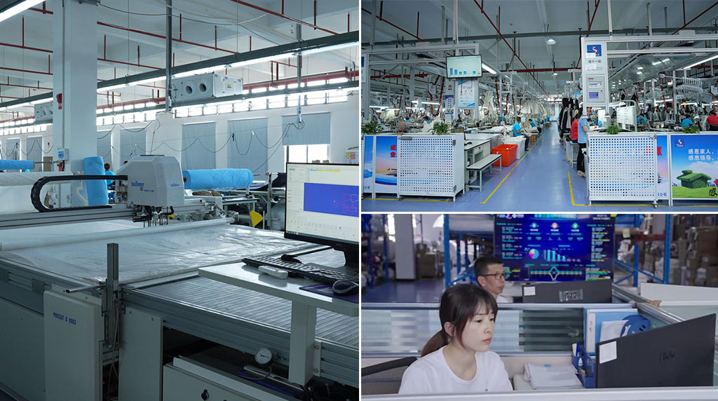An overview of a modern OEM apparel manufacturing factory, showing various stages of production including automated fabric cutting machines in the foreground and rows of workers at sewing stations in the background. The image highlights a clean, organized factory environment with digital monitoring systems and efficient workflows dedicated to large-scale apparel assembly.