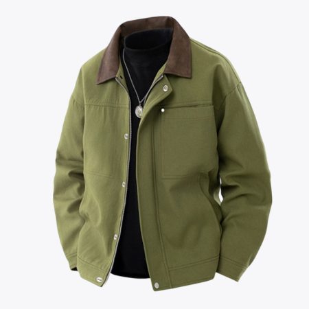 Front view of the Simmerui clean fit mens retro Detroit jacket in olive green, featuring a contrast grey collar, full zipper and snap button closure, and a sleek workwear silhouette.
