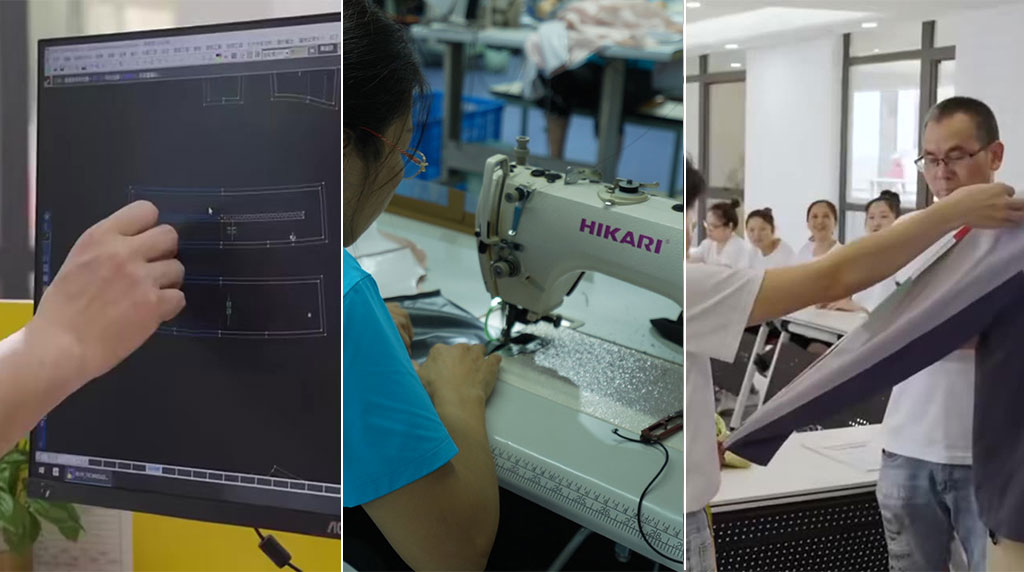 A three-panel composite showcasing the technical creation process. The left panel shows a designer's hand using software to edit digital garment pattern lines on a computer monitor. The center panel features an operator using an industrial HIKARI sewing machine for prototype construction. The right panel shows a technician performing a fit test on a garment sample with a colleague, illustrating the iterative development and sampling phase.