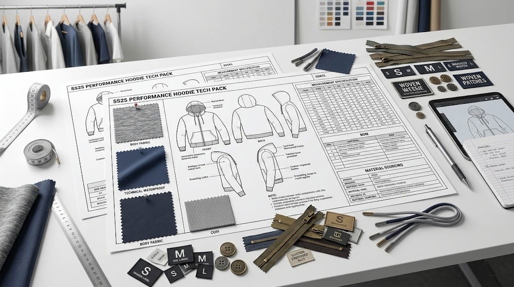A detailed, flat-lay view of a professional apparel tech pack spread out on a white workspace surface, containing technical drawings of a performance hoodie, measurement specifications, and bill of materials (BOM). The layout is surrounded by various garment components, including fabric swatches, metal zippers, size labels, woven patches, a measuring tape, and a tablet displaying the digital sketch, representing the essential documentation for custom apparel manufacturing.