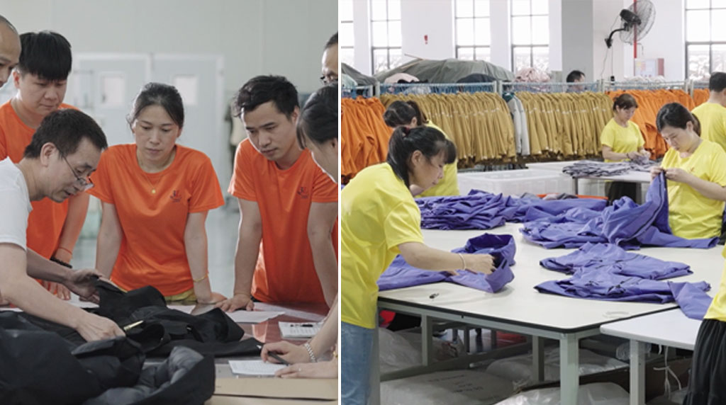A composite image depicting rigorous quality control. The left side shows a production team gathered around a table conducting a detailed visual inspection and measurements on finished black garments. The right side shows workers in yellow uniforms carefully folding and inspecting purple jackets on a long assembly table, ensuring all items meet quality standards before packaging.
