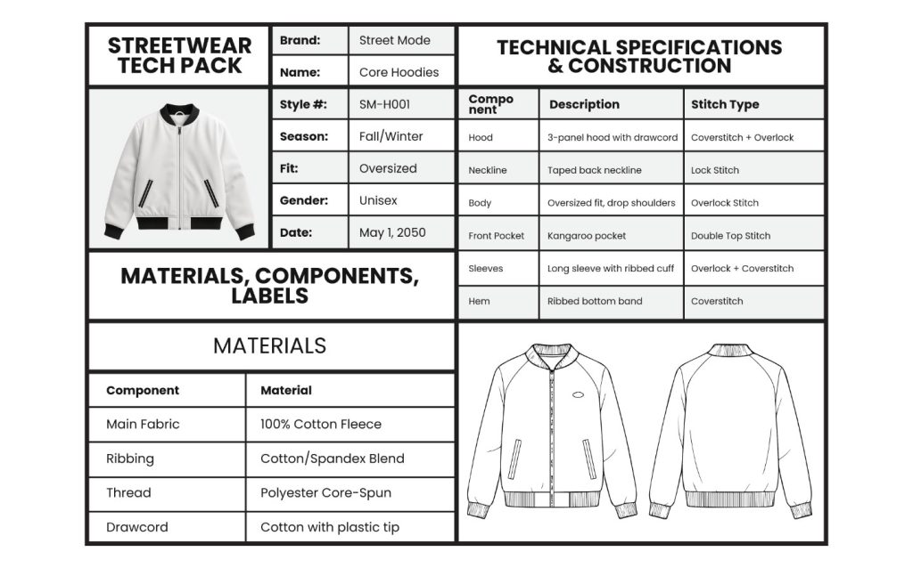 A comprehensive example of a streetwear tech pack, clearly displaying technical specifications such as the brand name, style number, fabric materials, and detailed construction instructions, including stitch types for various garment components like the hood, sleeves, and pockets.