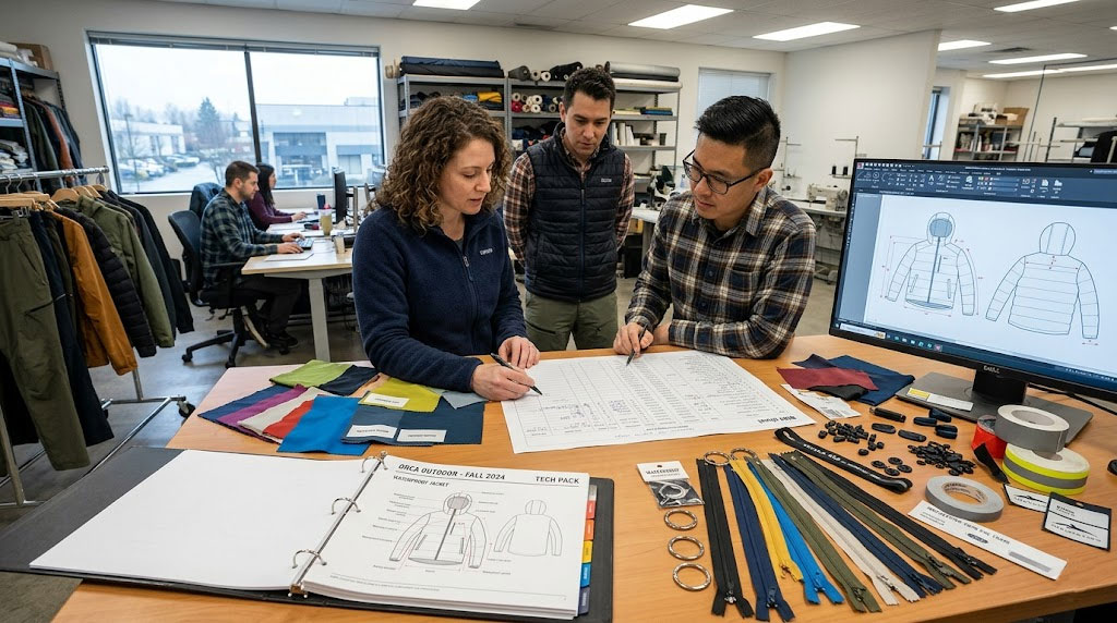 A professional design studio scene where two individuals are collaborating on a tech pack review. They are reviewing detailed production documents and cost analysis spreadsheets on a table scattered with fabric swatches, zipper samples, and hardware components. A computer monitor in the background displays detailed technical garment sketches, representing the initial planning and design specification phase.