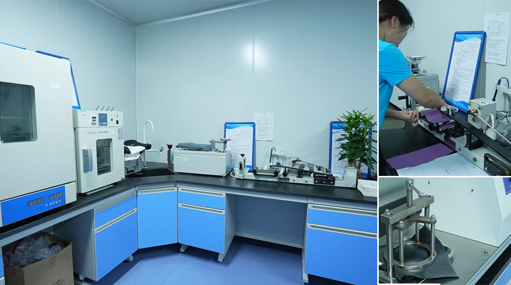 A specialized apparel development laboratory where a textile engineer is inspecting performance fabrics using professional testing equipment. The composition shows the lab environment equipped with fabric testing machines, with detailed close-ups demonstrating the precise technical evaluation of material durability and performance characteristics necessary for high-quality clothing development.