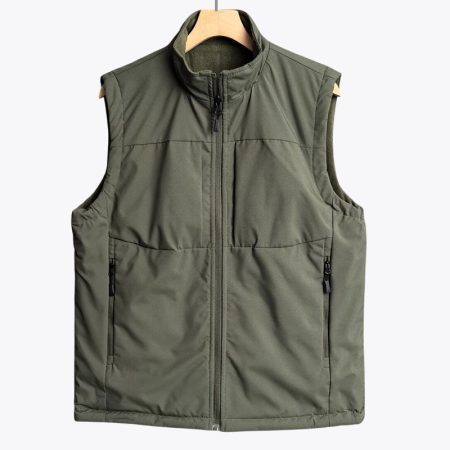 Simmerui reversible fleece vest in army-green color displayed on a hanger, featuring a stand-up collar and high-quality zipper design for versatile outdoor styling