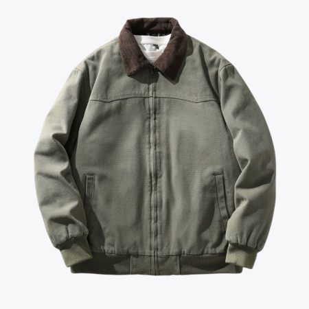 Front view of the Simmerui vintage style Detroit quilted cotton jacket in a classic army-green color, showcasing a rugged workwear design with a sturdy collar and front zip closure.